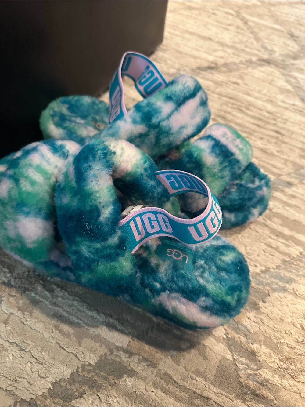 UGG Tie-Dye Blue Green Shearling Fluff Slippers with Branded Strap